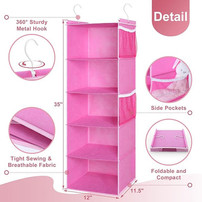 MAX Houser 5-Shelf Hanging Closet Organizer, Hanging Storage Shelves with 4 Side Pockets Space-Saving for Bedroom, Foldable (Pink)