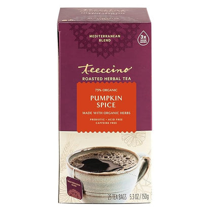 Teeccino Pumpkin Spice Herbal Tea - Rich & Roasted Autumn Harvest Tea That’s Caffeine Free & Prebiotic for Delicious Comfort, 25 Tea Bags