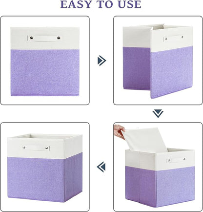 13 x 13 Inch Fine Linen Storage Bins with Handles，Fabric Cube Boxs，Collapsible Basket Organizers for Shelves for Home, Closet Drawers (White/Purple-6 Pack)