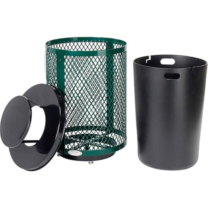 Global Industrial Outdoor Diamond Steel Trash Can with Rain Bonnet Lid, Raised Base and Plastic Liner, 36 Gallon Capacity, Green, Thermoplastic Coating, 23-1/2" Diameter, 43-1/2"H
