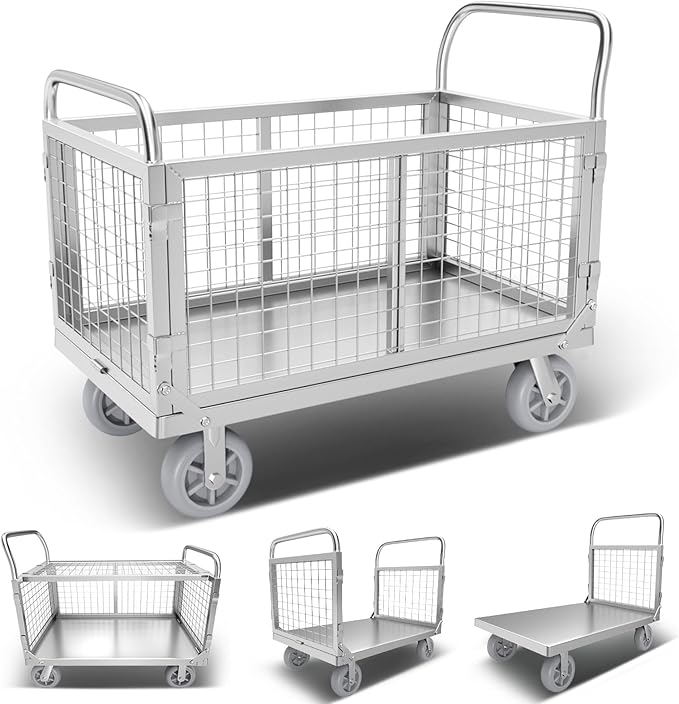 Platform Truck Cart with Cage, 6 in1 Foldable Flatbed Cart Heavy Duty Push Cart Dolly W/Swivel Wheels 1800lbs Capacity Multipurpose Hand Cart for Grocery/Laundry/Stall/Storage
