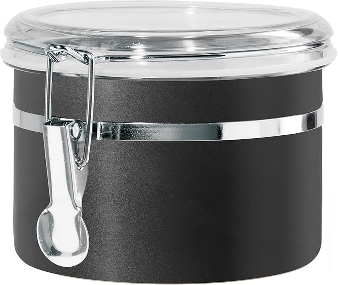 Oggi Stainless Steel Kitchen Canister 26 fl oz, Black - Airtight Clamp Lid, Clear See-Thru Top - Ideal for Kitchen Storage, Food Storage, Pantry Storage. Size 5" x 3.5".