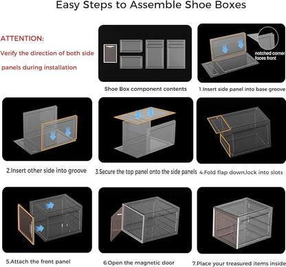 X-Large Stackable Shoe Boxes - Clear Plastic Shoe Storage Boxes with Magnetic Door, Thicken Shoe Organizer for Closet, Space Saving Foldable Shoe Containers Bins for Sneaker Boot - 8 Pack(Brown)