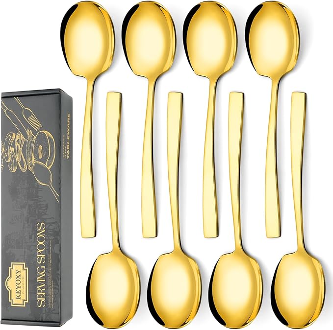8 Piece Stainless Steel Serving Spoons Set - 8 Large Spoons, 9.2-Inch, Dishwasher Safe, for Parties/Kitchen/Buffet/Catering,Gold