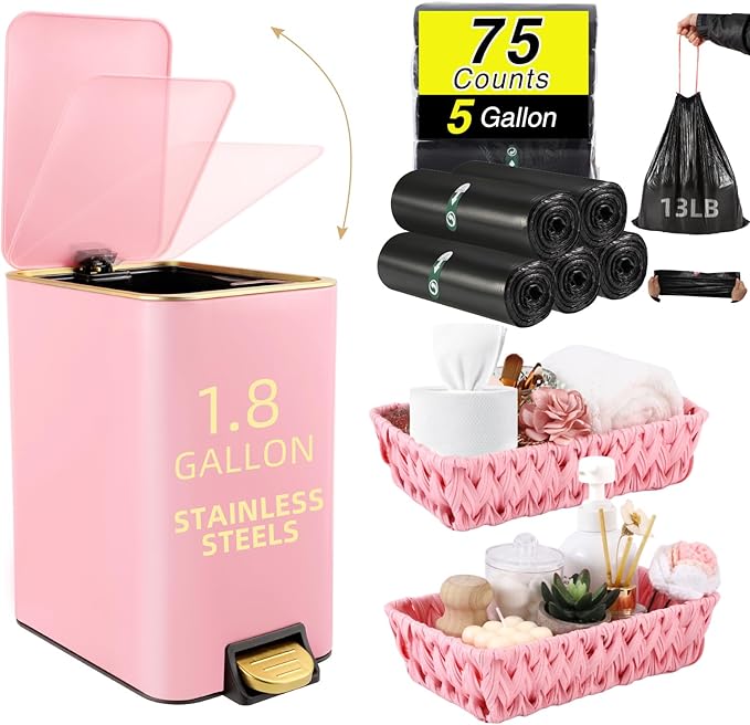 Small Bathroom Trash Can with Lid Soft Close, 1.8 Gallon Stainless Steel Garbage Can with Removable Inner Bucket,Wicker Storage Baskets,75Count Trash Bags, Slim Step Pedal Trash Bins