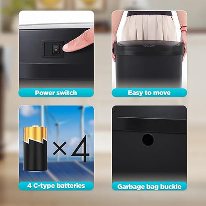 Automatic Motion Sensor Bathroom Trash Can with Lid, 13 Gallon Touchless Trash Bin, Smart Dog Proof Garbage Can, Touch Free Waste Basket for Toilet, Office, Bedroom,Black,2