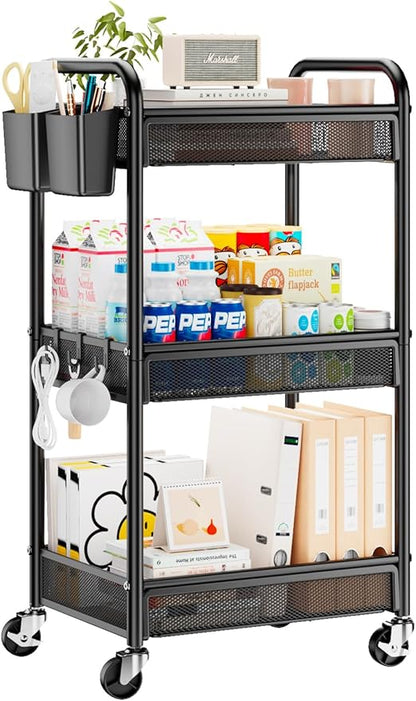 YASONIC 3 Tier Rolling Cart – Metal Utility Storage Cart with Wheels, Craft Cart Organizer with Hanging Cups, Hooks, Mesh Basket for Bedside Kitchen Office Art, Black