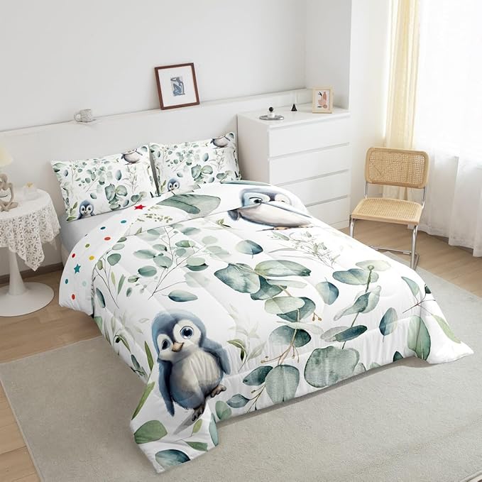 Erosebridal Cartoon Penguin King Size Comforter Set Toddler Woodland Wildlife Bedding Set, Spring Plant Down Comforter Eucalyptus Leaf Bed Set, Antarctic Animal Theme Quilted Duvet Kids Room Decor