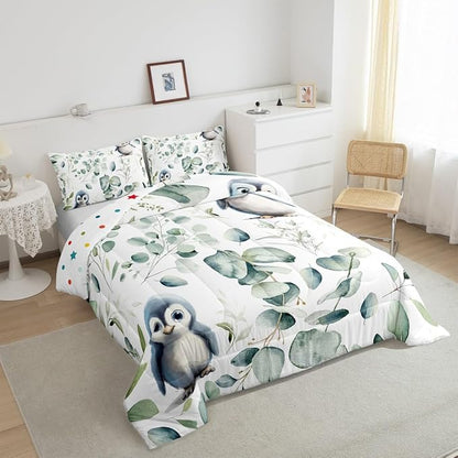 Erosebridal Cartoon Penguin King Size Comforter Set Toddler Woodland Wildlife Bedding Set, Spring Plant Down Comforter Eucalyptus Leaf Bed Set, Antarctic Animal Theme Quilted Duvet Kids Room Decor