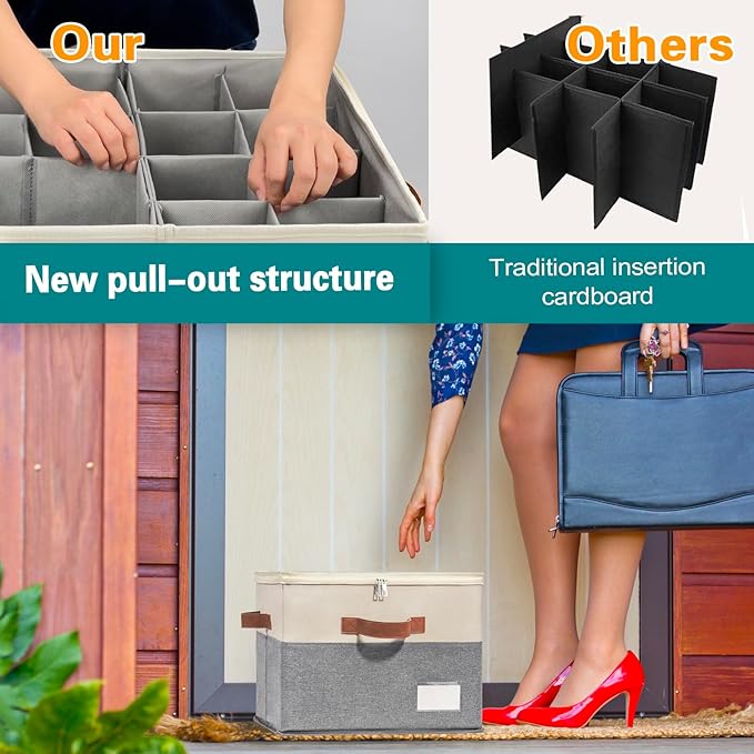Shoe Organizer for Closet, Foldable Shoe Storage Bins with Clear Cover, Space Saving Shoes Holder with 4 Handles, Large Adjustable Shoe Box Storage Containers, Fits 8-16 Pairs, 1 Pack, Beige
