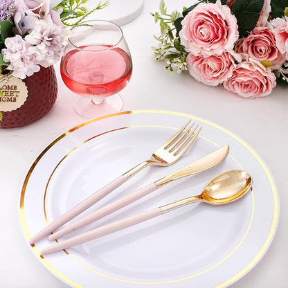 I00000 60 Pack Pink Plastic Silverware,Gold Disposable Flatware with Pink Handle, Gold Plastic Cutlery Set Includes: 20 Forks, 20 Knives and 20 Spoons, Tableware Set for Party and Wedding