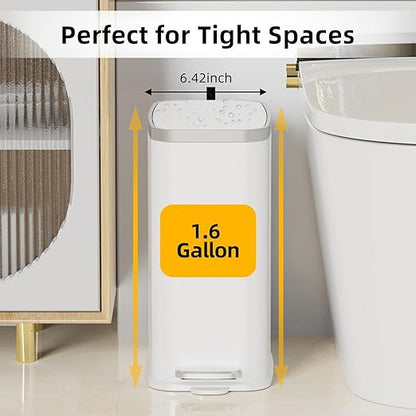 Stainless Steel Bathroom Trash Can with Lid Soft Close,1.6 Gallon Slim Garbage can,Small Metal Step Wastebasket for Office, Bedroom, Toilet, White