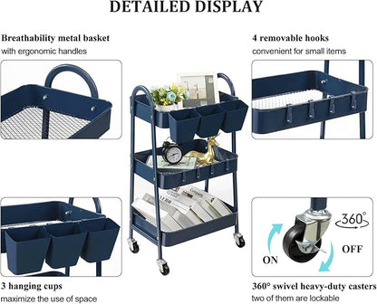 danpinera 3-Tier Rolling Cart, Metal Rolling Storage Cart with Lockable Wheels & Hanging Cups & Hooks, Mobile Trolley Cart for Kitchen, Bathroom, Office, Workshop, Dark Blue