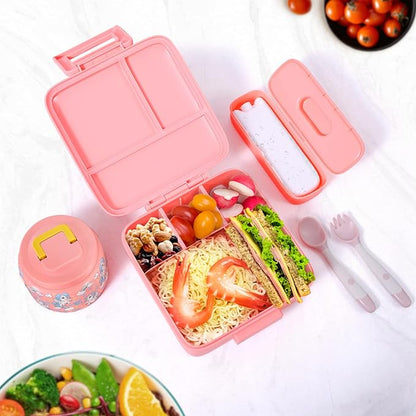 Bento Lunch Box for Kids With 8oz Soup Thermo,Leak-proof Lunch Containers with 5 Compartment,Thermos Food Jar and Lunch Bag, Food Containers for School (A-Pink(Fantasy Unicorn))