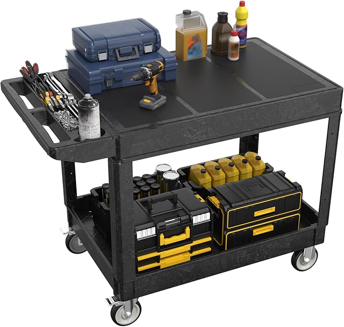 Large Garage Flat Top Utility Cart, Heavy Duty 2 Shelf Tool Cart Service Cart Rolling Push Carts with Ergonomic Handle 5" Swivel Casters