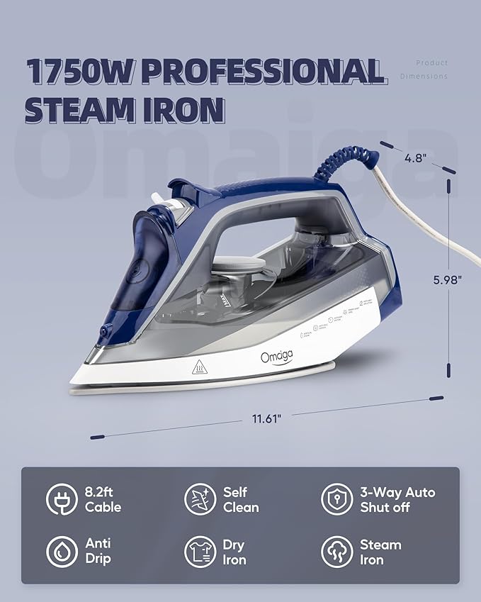 Steam Iron for clothes - 1750W Clothes Iron with Non-Stick Ceramic Soleplate, Powful Steam, 3-Way Auto-Off, Self-Cleaning, Anti-Calc, 13.52oz Water Tank Ironing Clothes for Home