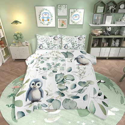 Erosebridal Cartoon Penguin King Size Comforter Set Toddler Woodland Wildlife Bedding Set, Spring Plant Down Comforter Eucalyptus Leaf Bed Set, Antarctic Animal Theme Quilted Duvet Kids Room Decor