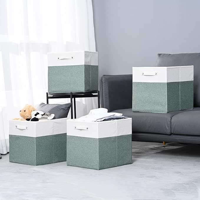 13 x 13 Inch Fine Linen Storage Bins with Handles，Fabric Cube Boxs，Collapsible Basket Organizers for Shelves for Home, Closet Drawers (White/Green-4 Pack )