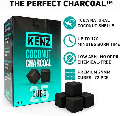 KENZ Charcoal Cubes, 25mm Low Ash Coconut Charcoal Briquettes, 100% Natural Coconut Shells, Completely Odor and Chemical Free, Enjoy a Longer Hotter Burn Time, 72 Cubes