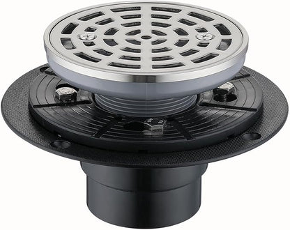 RANDOM Round Shower Drain Brushed Nickel 4 Inch Shower Drain with Adjustable PVC Base Flange,SUS304 Stainless Steel Bathroom Shower Floor Drain with Removable Grid Cover Grate.98768BN-S