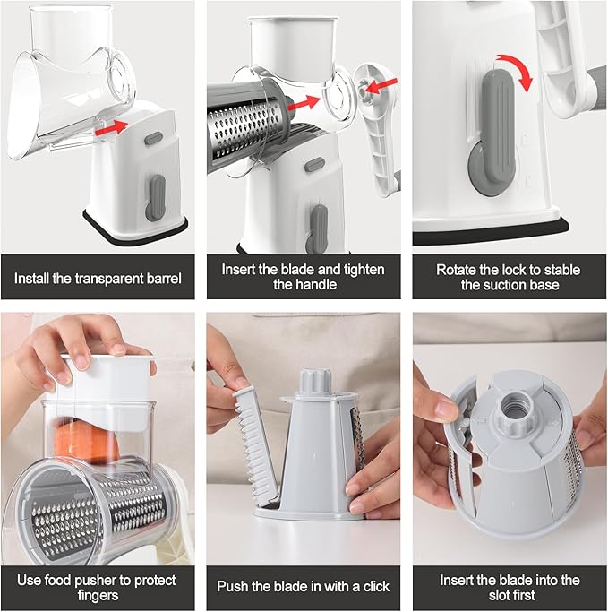 Ourokhome Rotary Cheese Grater Cheese Shredder, Mandoline Vegetable Slicer with 5 Interchangeable Blades and Strong Suction Base for Fruit, Vegetables, Nuts White