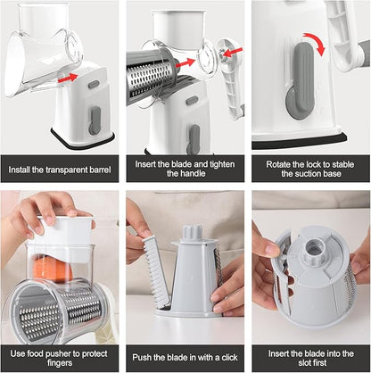 Ourokhome Rotary Cheese Grater Cheese Shredder, Mandoline Vegetable Slicer with 5 Interchangeable Blades and Strong Suction Base for Fruit, Vegetables, Nuts White