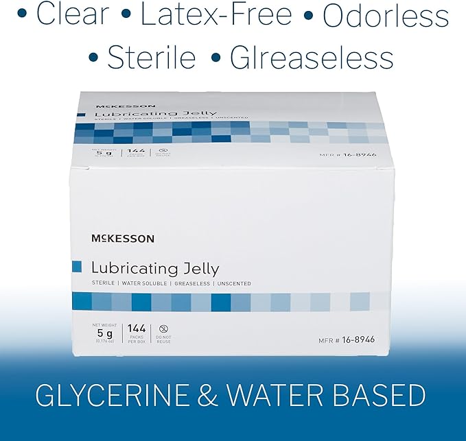 McKesson Lubricating Jelly, 5 g [144 Count] Water Based Non-Sticky Lube, Water Soluble Lubricant Gel - for Surgical, Medical, Personal – Sterile Individual Packets