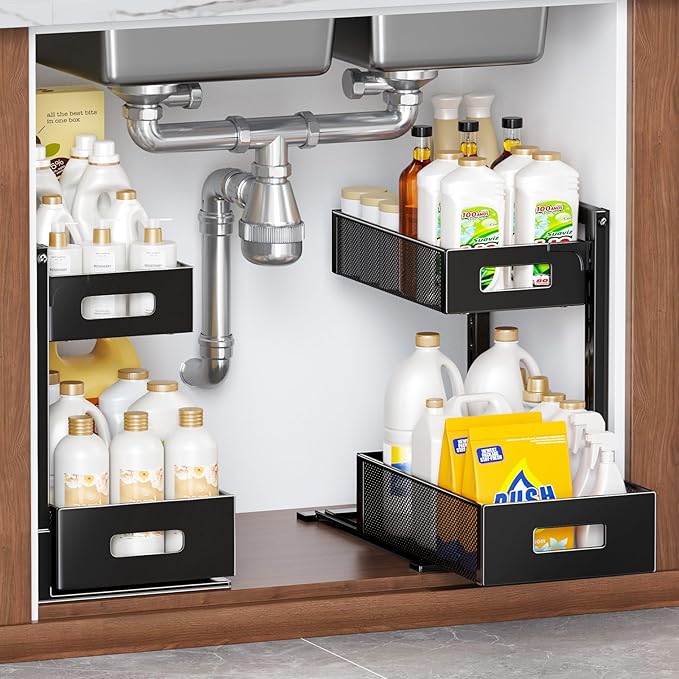 2 Pack Under Sink Organizer and Storage, Metal Under Kitchen Sink Organizer, Slide Out Bathroom Organizers and Storage, Undersink Organizers for Kitchen Bathroom Cabinet