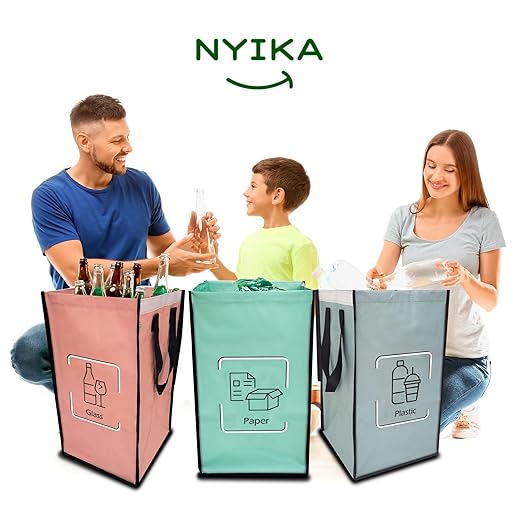 NYIKA - Recycling Organizer - Reusable Recycling Bags - Recycling Sorter - Trash Sorting Bins - 3 Compartment Recycle - Pack of 3 Bags with Lid (Mediterranean)