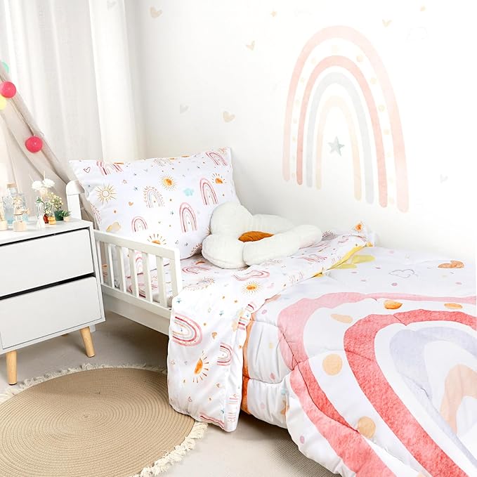 Toddler Bedding Set for Girls, 4 Piece Rainbow Toddler Girl Bedding Set, Super Soft & Lightweight Toddler Comforter Set Includes Comforter, Flat Sheet, Fitted Sheet, Pillowcase (Pink)