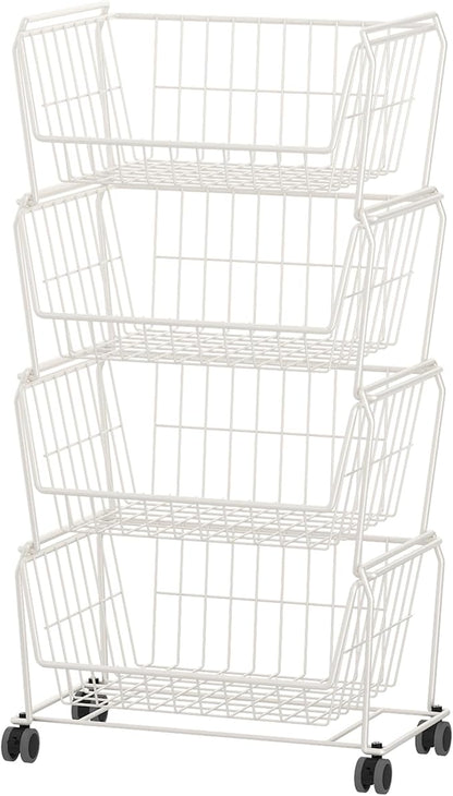 PUSDON Stackable Metal Storage Carts, Dual Use Shelf for Kitchen Fruit Vegetable Baskets with Wheels, Storage Rack for Living Room, Home & Office, Plus White 4 Tiers