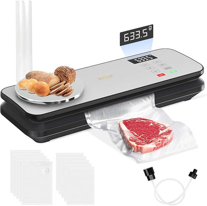 Vacuum Sealer for Food, 90kPA Powerful Food Saver Vacuum Sealer Machine with Digital Kitchen Scale, 12-in-1 Food Vacuum Sealer with Dry & Moist Food Modes, 10 pcs & 1 Roll Vacuum Bags, Starter Kits