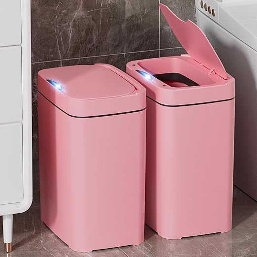 2 Pack 2.7 Gal Bathroom Trash Can with Lid, Automatic Trash Can Small Smart Garbage Can Touchless, Slim Motion Sensor Waterproof Plastic Trash Bins for Bedroom Office Kitchen Toilet Pink