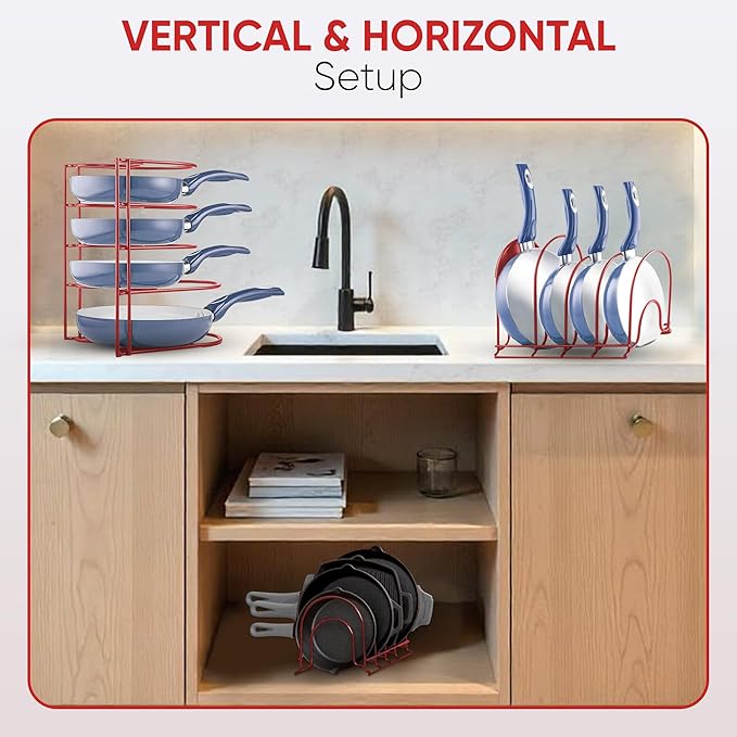 Heavy-Duty Pots and Pans Organizer | 5-Tier Cookware & Lid Storage Rack | Free-Standing or Wall-Mount | Kitchen Organizer for Cast Iron Skillets, Pots, Frying Pans, Lids | Red