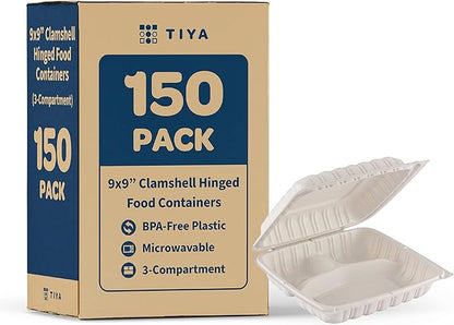 TIYA Clamshell Food Containers - 3-Compartment To-Go Containers - Microwavable Plastic with Hinged Lid - Great for Meal Prep (Bulk 150 Pack, White, 9x9 in) - BPA-Free