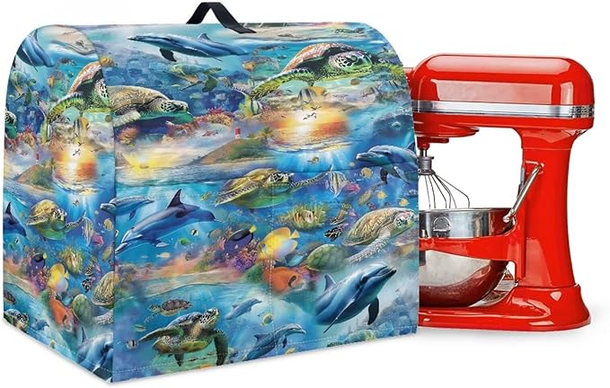 Ocean Dolphin Turtle Print Mixer Cover Stand Mixer Dust Proof Covers with Handle and Front Pockets Kitchen Aid Mixer Cover for 6-8 Qt Mixer,Kitchen Coffee Maker Toaster Machine Dust Cover