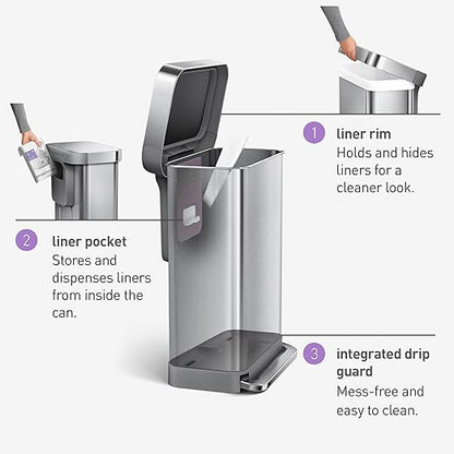 simplehuman 45 Liter / 12 Gallon Liter Rectangular Hands-Free Kitchen Step Trash Can with Soft-Close Lid, Brushed Stainless Steel with Plastic Lid