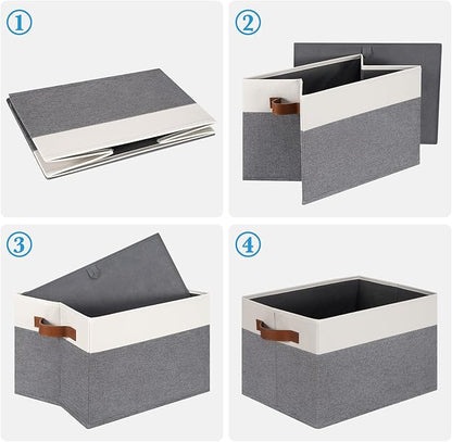Large Fabric Storage Bins, Foldable Fabric Storage Baskets for Shelves, Sturdy Storage Boxes with PU Handles for Organizing Closet Home Bedroom Office (26L, 3 Packs, Grey&White)