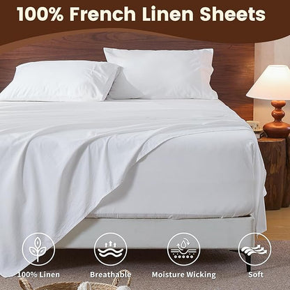 100% Linen Sheet Set King Size Extra Deep Pocket Fits 18-24 Inch Mattress, Breathable & Soft, Smooth 4-Piece Set for Thick Mattresses Hotel Luxury Bedding（King, White）