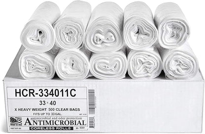 Aluf Plastics High Density Trash Bags, 33 Gallon, 500 Count, 11 Micron (eq), 33" x 40", Clear, for Bathroom, Office, Industrial, Commercial, Janitorial, Municipal, Recycling