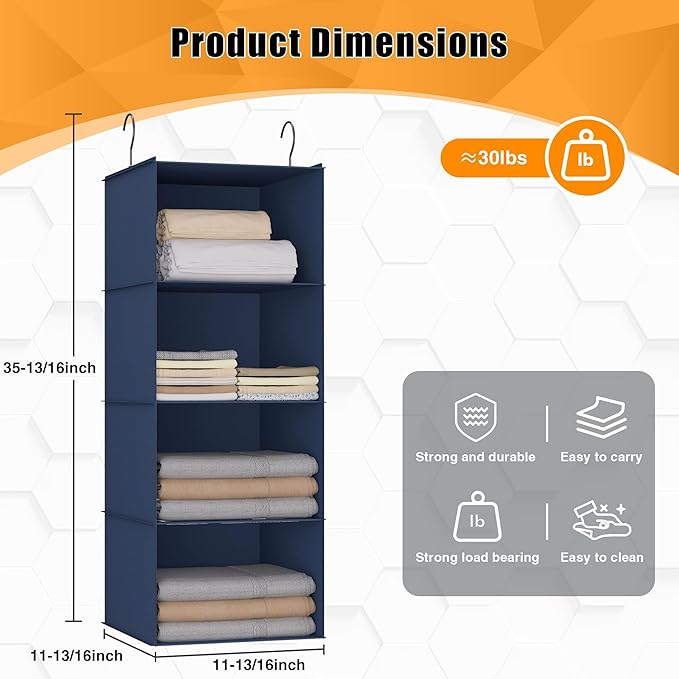 Hanging Closet Organizer - 4-Shelf, Easy Mount Foldable Wardrobe Storage Shelves for Clothes, Handbags, Shoes & Accessories - Washable Oxford Cloth Fabric, Navy Blue