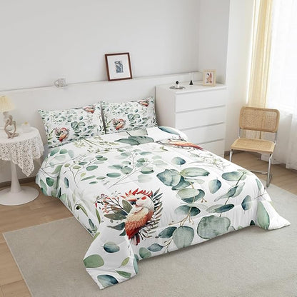 Erosebridal Cartoon Animal Queen Comforter Set for Kids Toddler Kawaii Parrot Bedding Set Queen, Wild Bird Bedding Comforter Sets Cute Wildlife Duvet Set, Botanical Green Eucalyptus Quilted Comforter