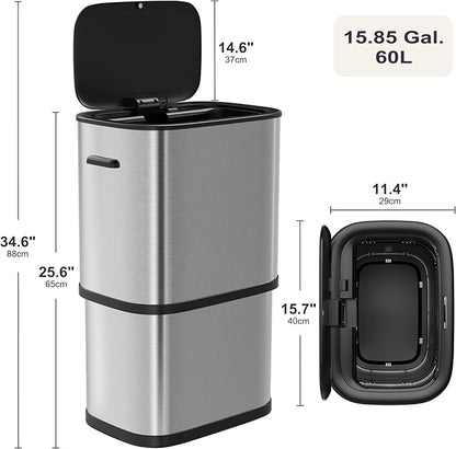 16 Gallon Kitchen Trash Can with Lid, 60L Touchless Motion Sensor Trash Can, Waterproof Brushed Stainless Steel Trash Bin, Automatic Garbage Can for Bedroom, Bathroom, Office, Living Room