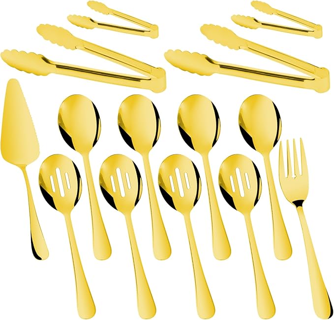 14PCS Serving Utensils - Hostess Serving Utensils Set, Premium Stainless Steel 8.7 inch Serving Utensils, Slotted Spoons, Fork, Tongs, Cake Pie Server for Buffet, Wedding, Dinner (Gold)
