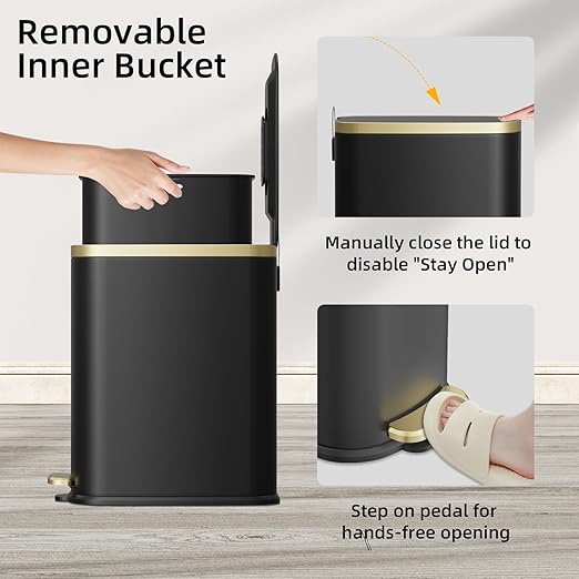 KUK Small Bathroom Trash Can with Lid Soft Close, Step Pedal, 2.4 Gal Stainless Steel Garbage Can with Removable Inner Bucket, Anti-Fingerprint Wastebasket for Office, Bedroom, Toilet (Black)