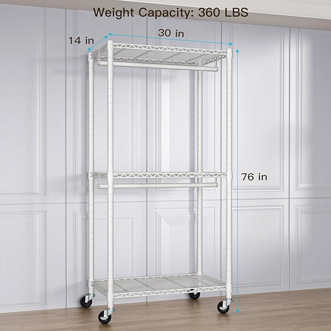 FUTASSI P1 Medium Heavy-Duty Portable Closet, 30" W x 14" D x 76" H, Metal Rolling Clothing Rack, White