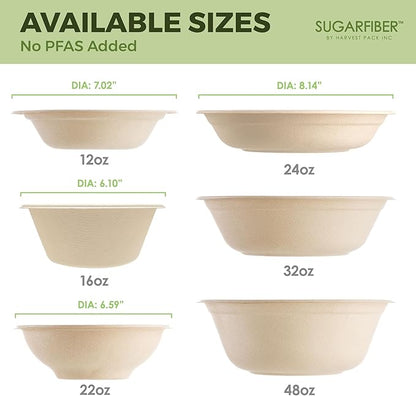 [50 Count] Harvest Pack PFAS Free 12oz Round Paper Bowls - Compostable Heavy-Duty Eco-Friendly Disposable Bagasse Bowls Sugarcane Natural Plant fibers for Meal Prep Takeout Dinnerware