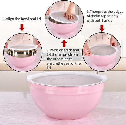 Pink Mixing Bowls with Lids Set of 7, Stainless Steel Nesting Bowl with Khaki Lid for Non-slip Mixing Prepping Storing Serving, 7 Sizes-7/3.6/2.7/2.1/1.5/1/0.8 QT