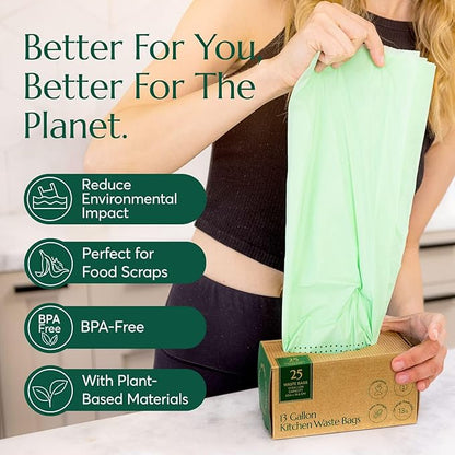 Cleanomic Compostable* Trash Bags with Drawstring (13 Gallon, 25 Units, Tall), BPI Certified For Kitchen Compost