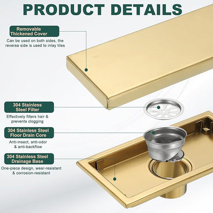 uxcell Rectangular Shower Drain, Brushed 304 Stainless Steel Odor-Proof Floor Drain Linear Shower Drain Hair Catcher for Bathroom Kitchen and Laundry Room(8 Inch, Gold)
